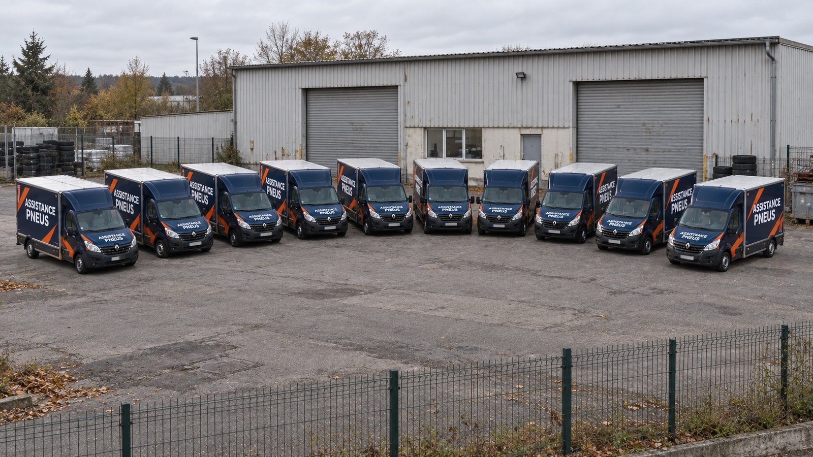 Visualisation de dix camions Assistance Pneus dans un dépôt