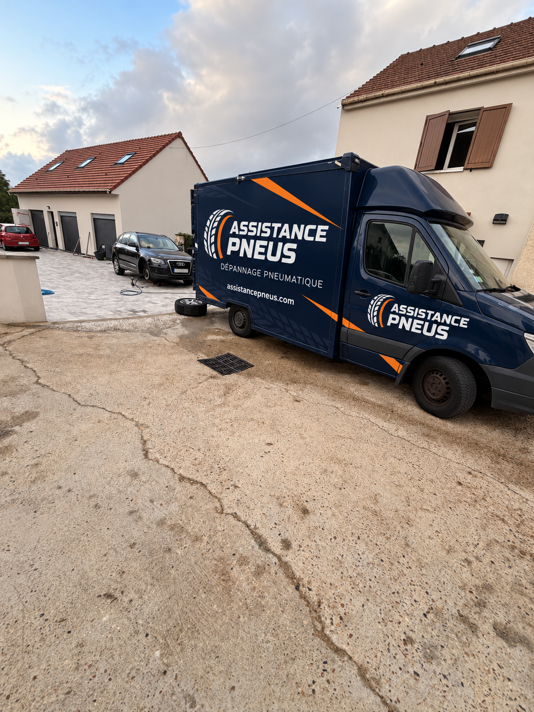 Camion atelier et véhicule en cours d’intervention dans une cour