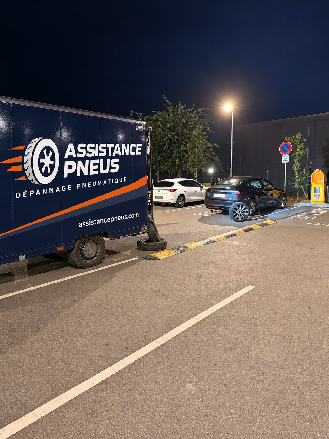 Remplacement d’un pneu sur un parking de nuit